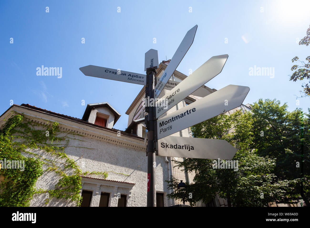 Signpost in Skadarlija, Belgrade pointing to the Bohemian districts of various cities Stock Photo