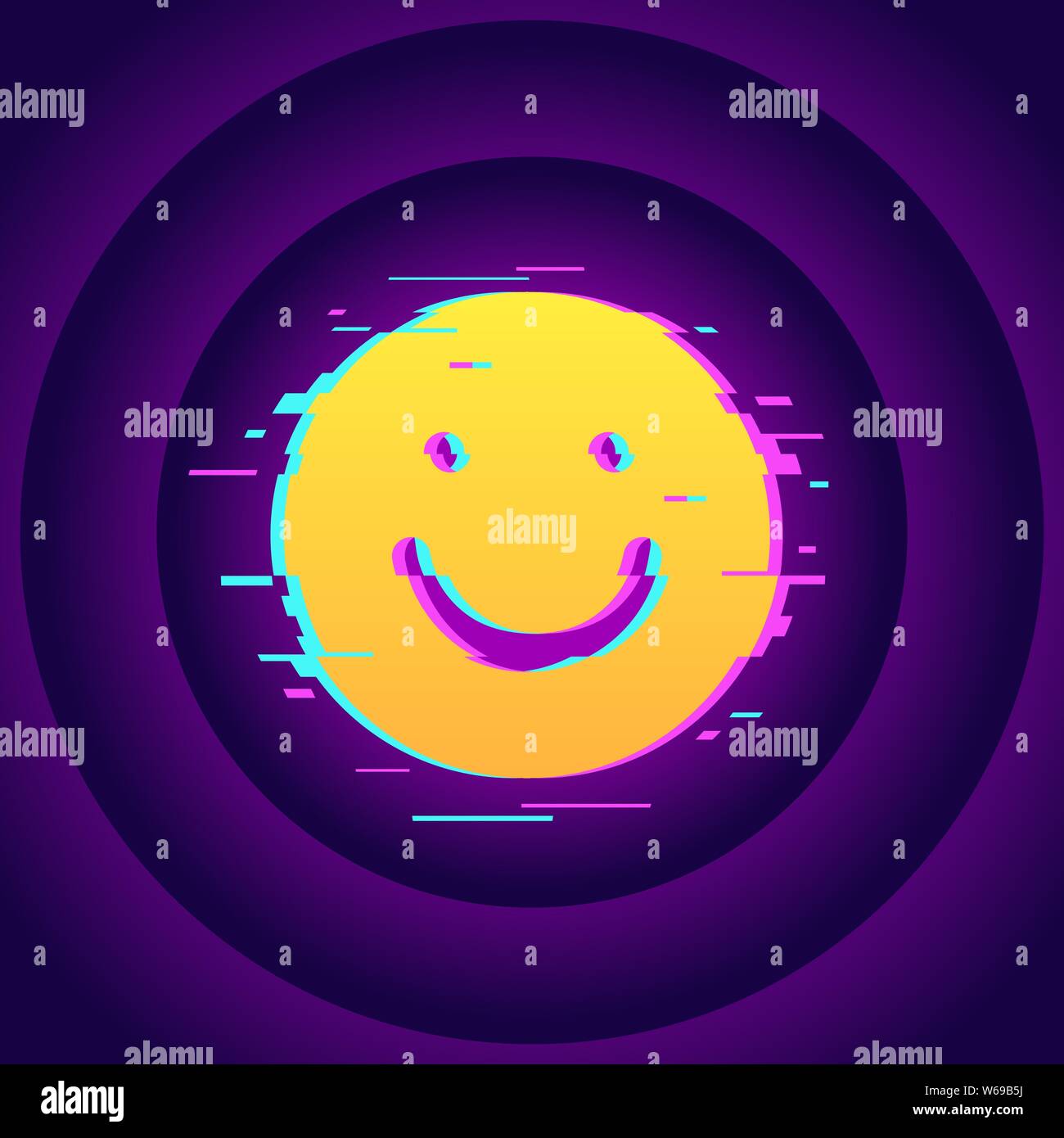 Glitched Emoji Smile Vector Illustration In Yellow Gradient Colors On Bright Violet Gradient Circles Loop Background Stock Vector Image Art Alamy
