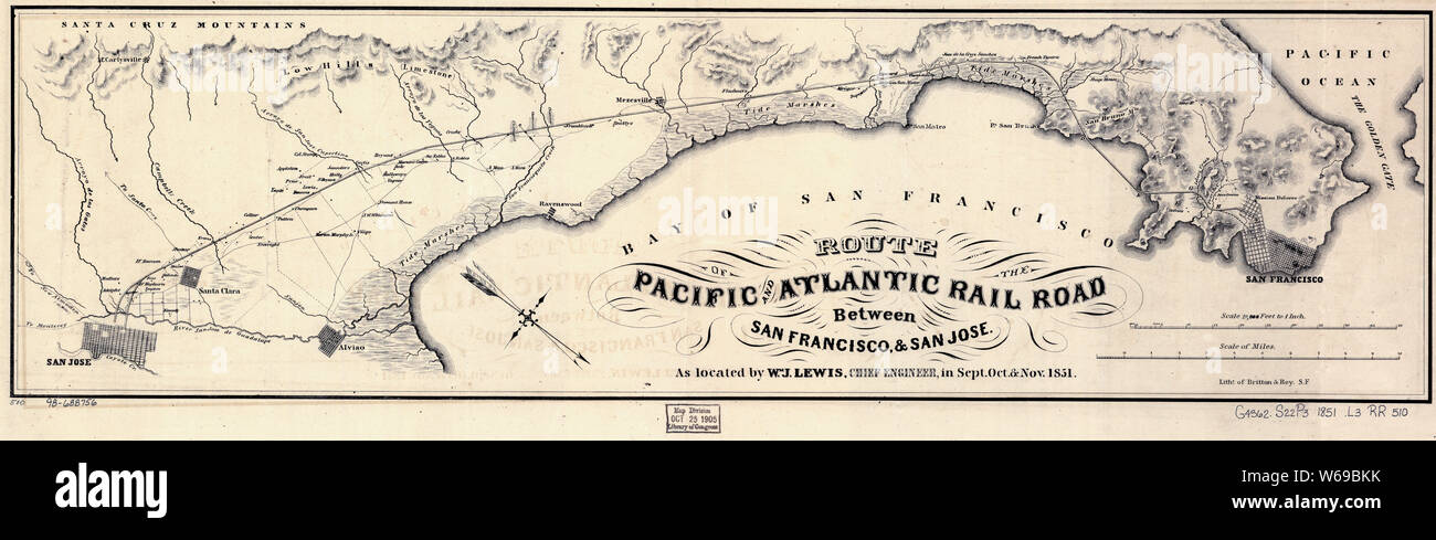 0342 Railroad Maps Route of the Pacific and Atlantic Rail Road between San Francisco San Jose as located by Wm J Lewis Chief Engineer in Sept Oct Nov 1851 Rebuild and Repair Stock Photo