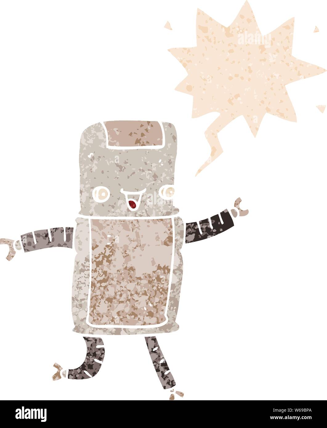 cartoon robot with speech bubble in grunge distressed retro textured ...