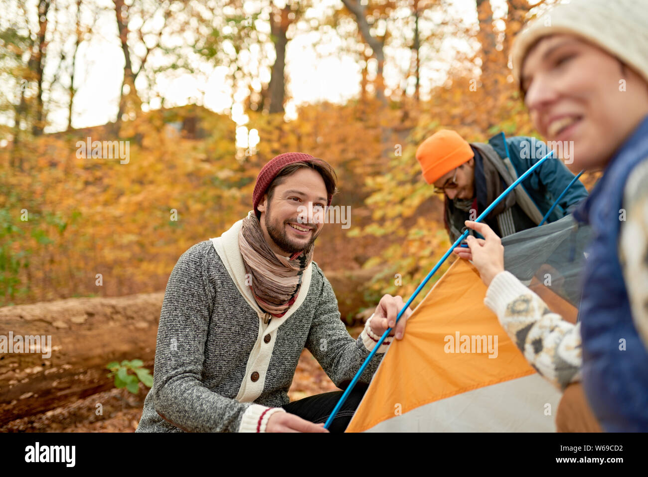 Group of Canadian hikers setting up a tent in a fall forrest Stock Photo