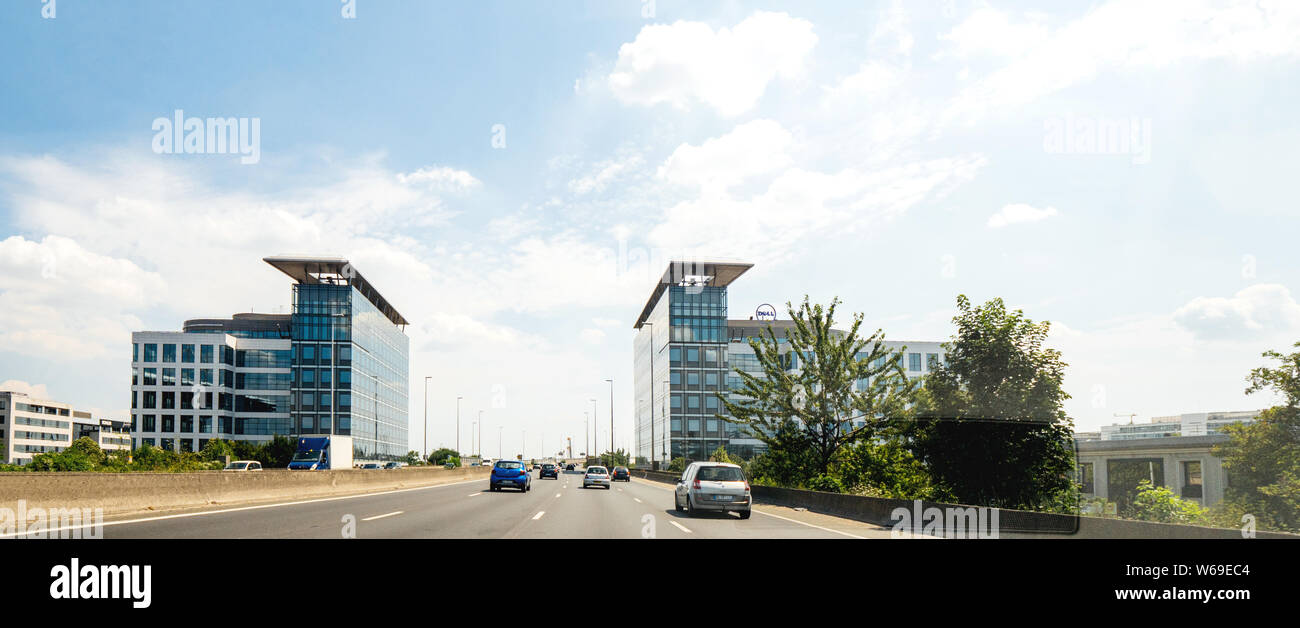 Paris, France - Jul 15, 2019: Office buildings headquarters with Dell Computers logotype on the top of the building on Avenue du Stade de France Stock Photo