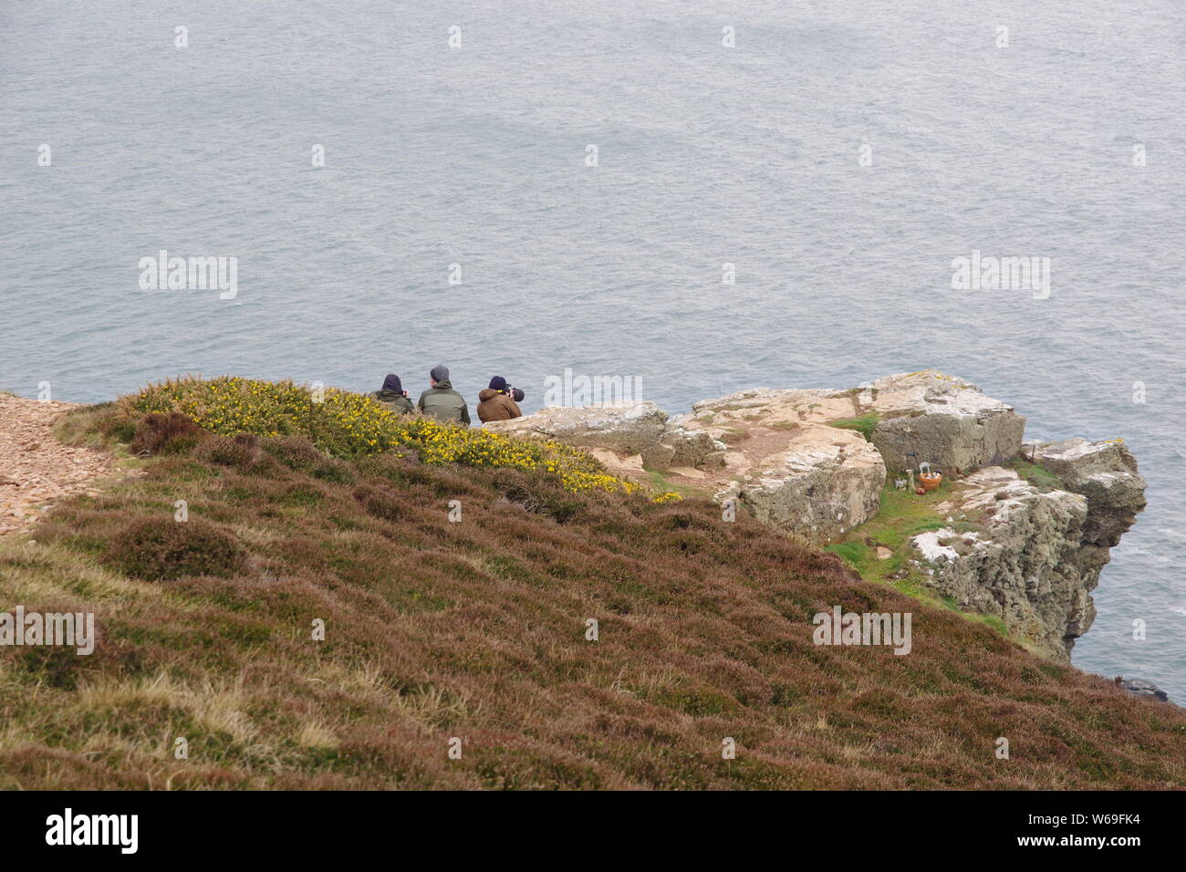 Whale Watchers Seated on St Agnes Head Cliff Top. North Cornish Coast
