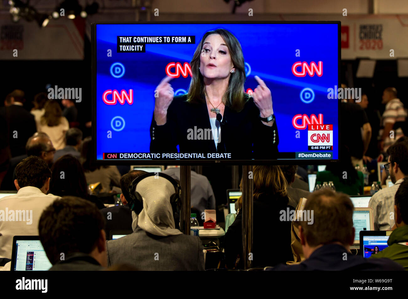 Detroit, Michigan, USA. 30th July, 2019. MARIANNE WILLIAMSON is seen on a monitor in the press filing center during the first of two Democratic Debates in Detroit hosted by CNN and sanctioned by the DNC. Credit: Brian Cahn/ZUMA Wire/Alamy Live News Stock Photo