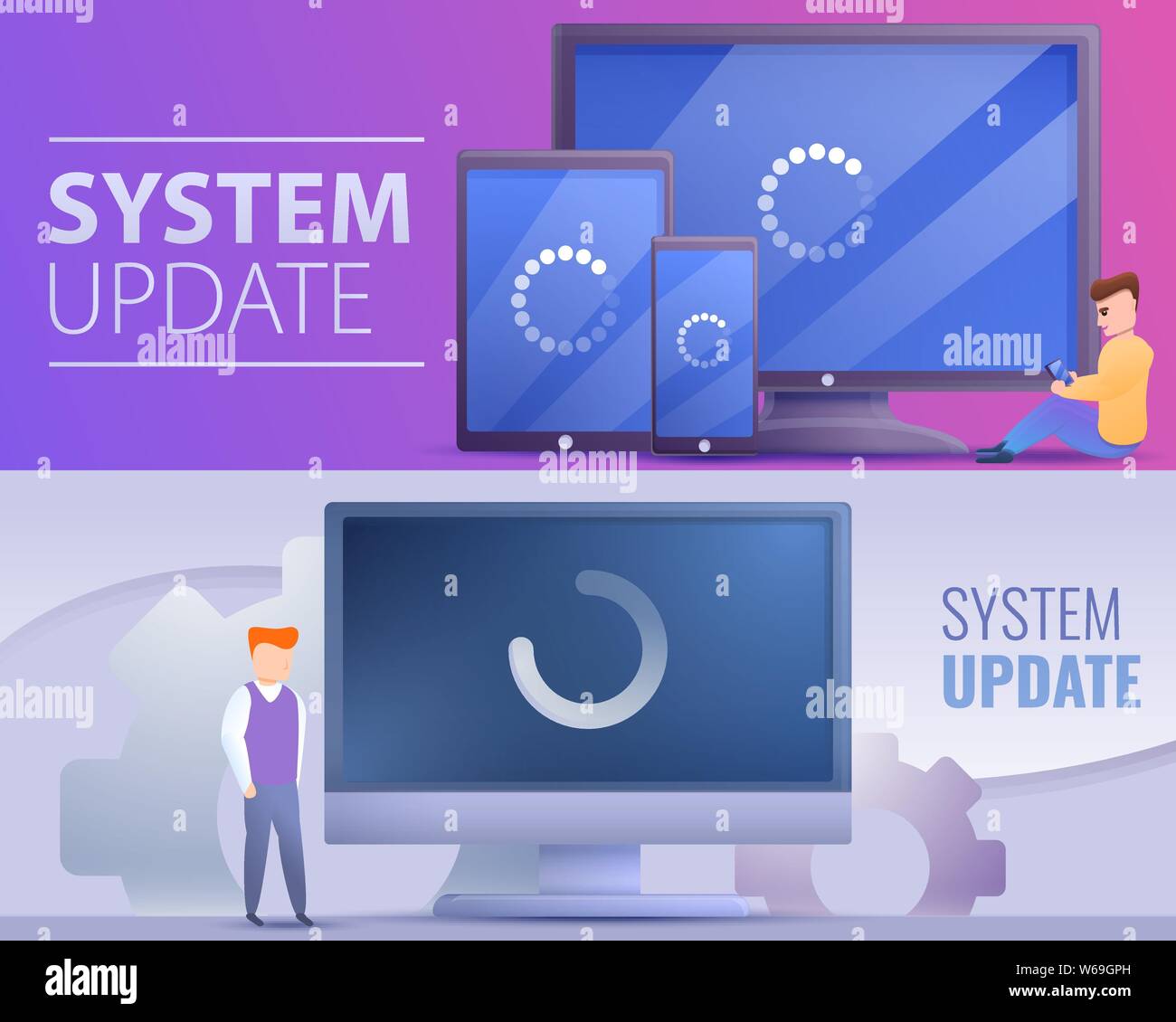 System update banner set. Cartoon illustration of system update vector banner set for web design Stock Vector