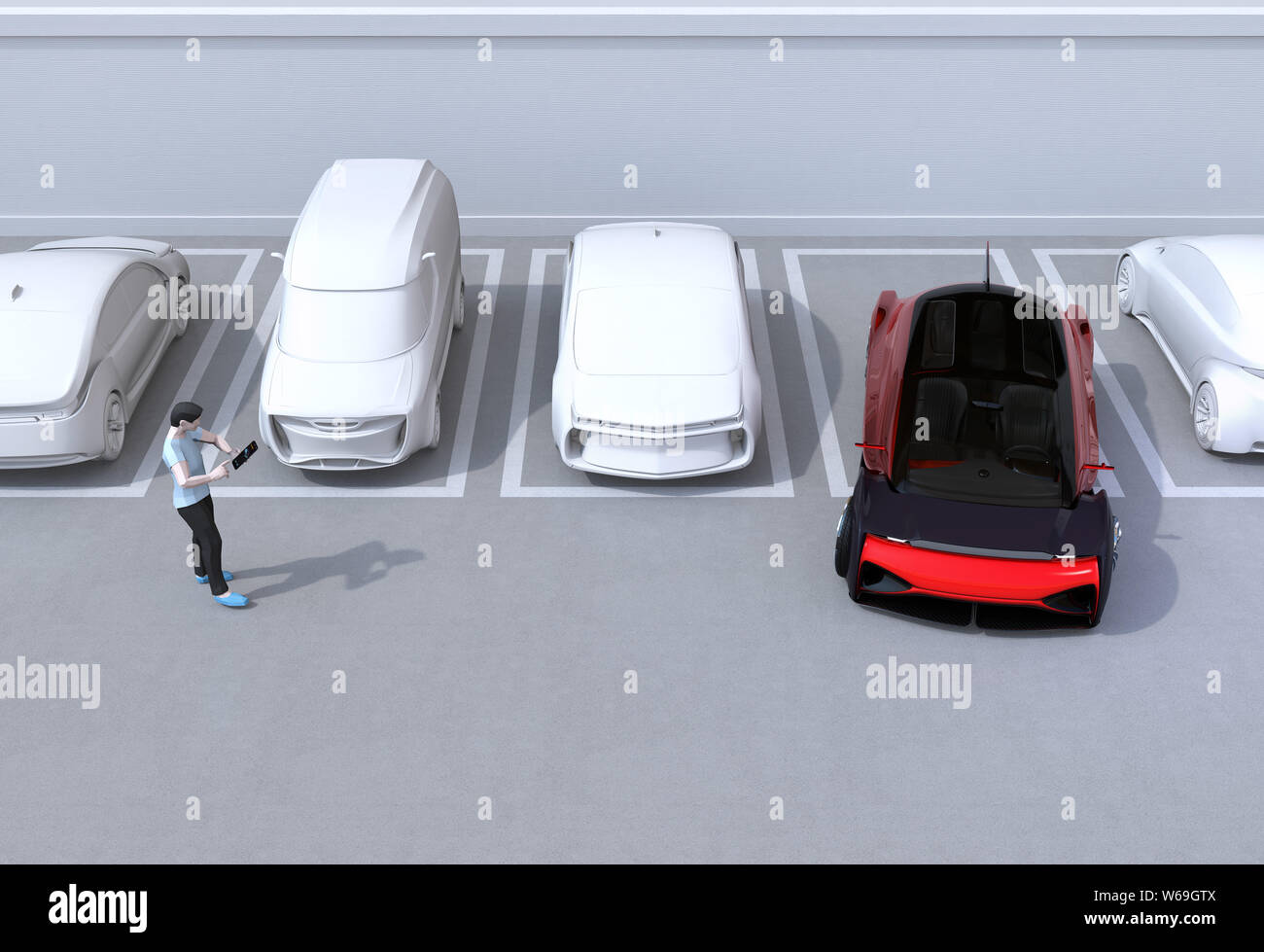 Man using smartphone to remote control car parking. Self parking system