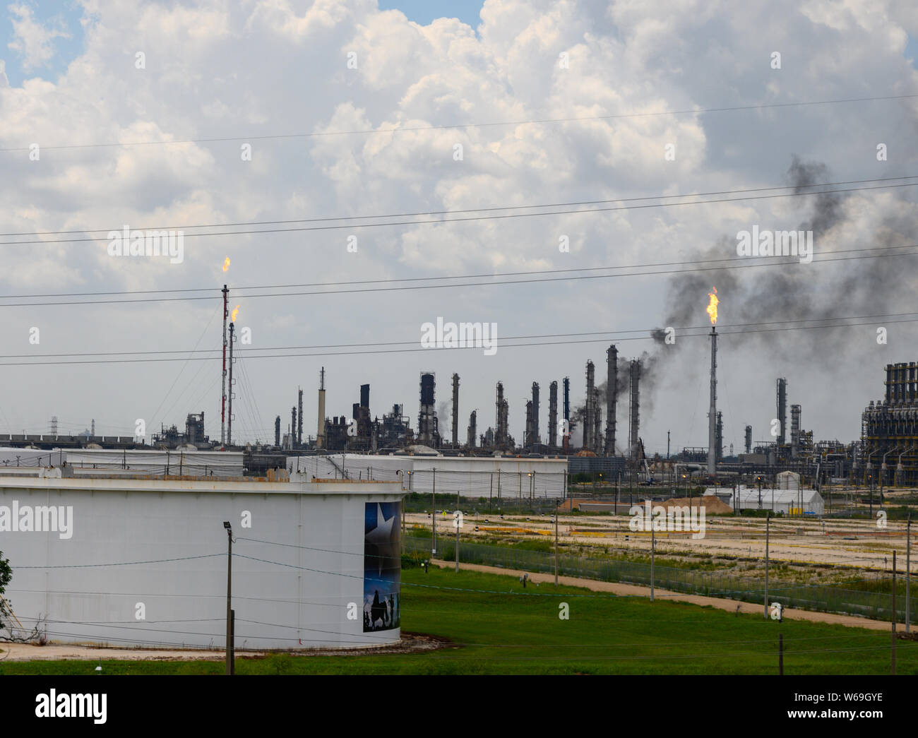 Baytown, Texas - July 31, 2019: A fire is burning at the ExxonMobil Olefins Plant in Baytown
