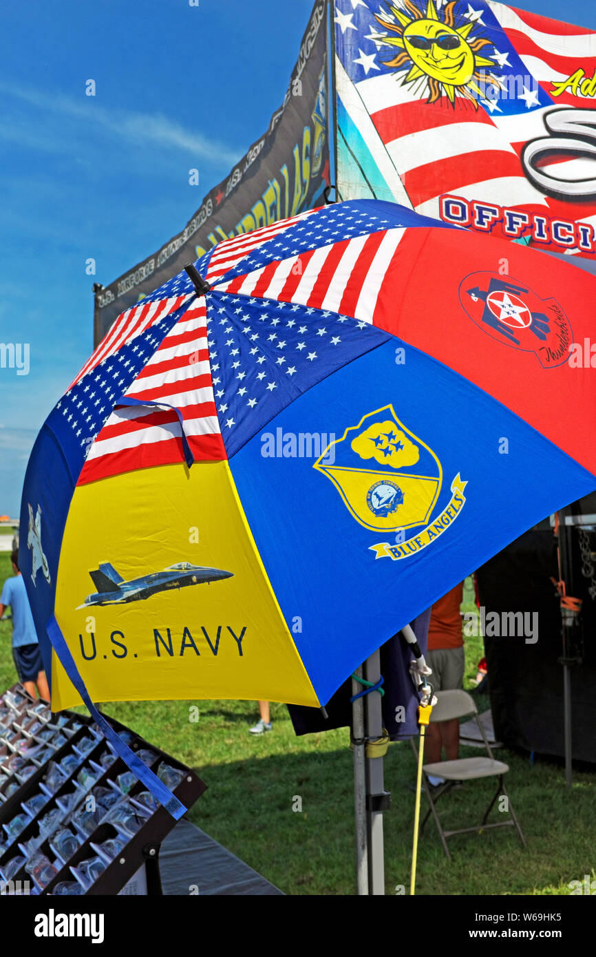 Umbrellas being sold at the 2018 Cleveland National Air Show in Cleveland, Ohio, USA during a major heatwave in northeast Ohio. Stock Photo