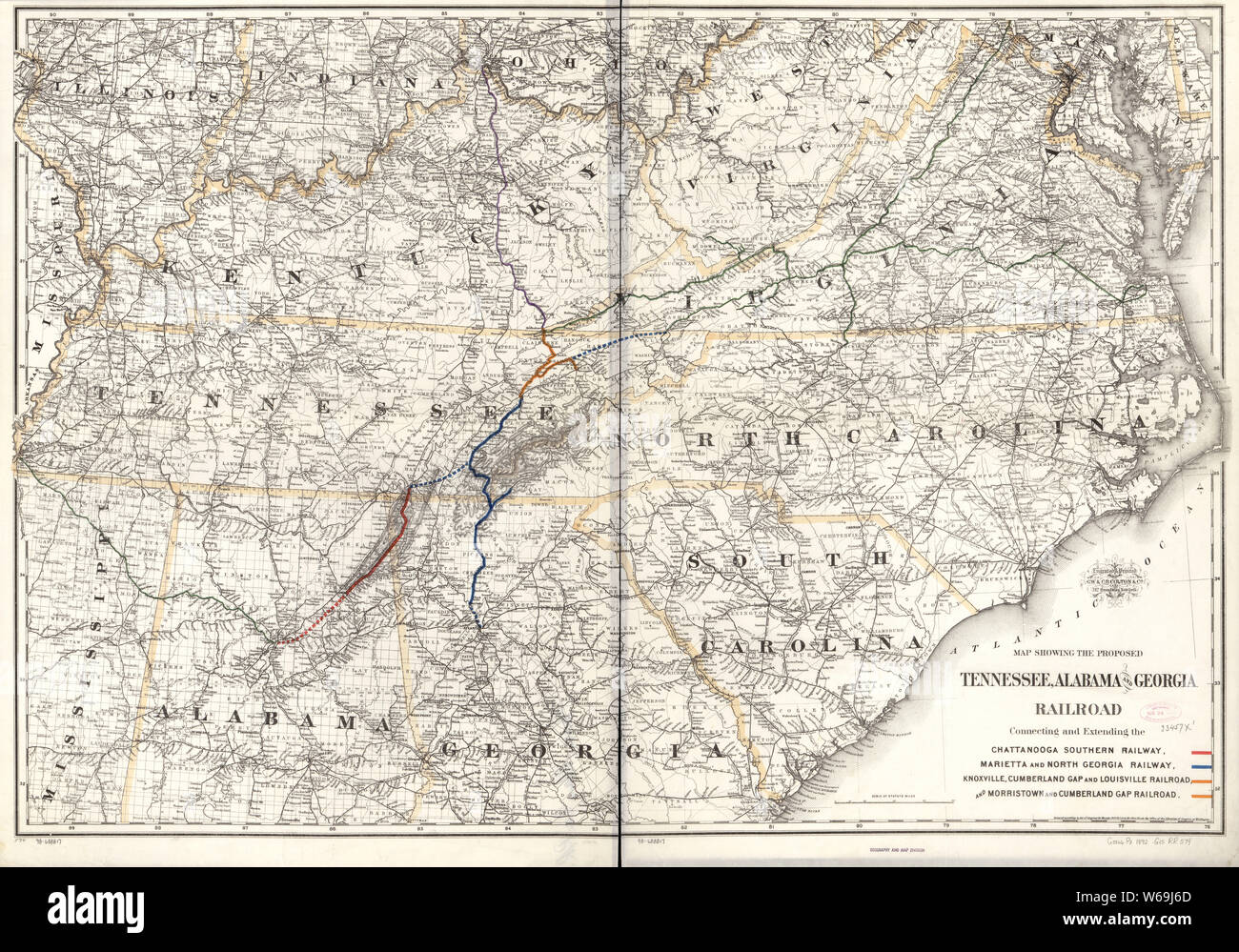 0393 Railroad Maps Map showing the proposed Tennessee Alabama and Georgia Railroad connecting and extending the Chattanooga Southern Railway Marietta and North Georgia Railway Knoxville Cumberland Gap Rebuild and Repair Stock Photo