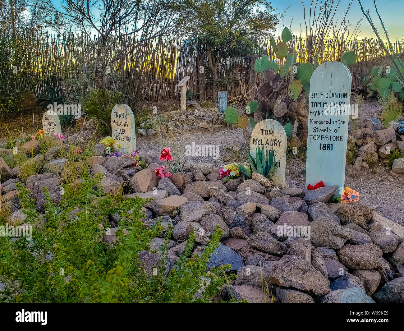 Boothill Graveyard. Billy Clayton, Tom McLaury, and Frank McLaury graves. OK Corral Shootout October 26th, 1881. 'Murdered in the streets of Tombstone Stock Photo