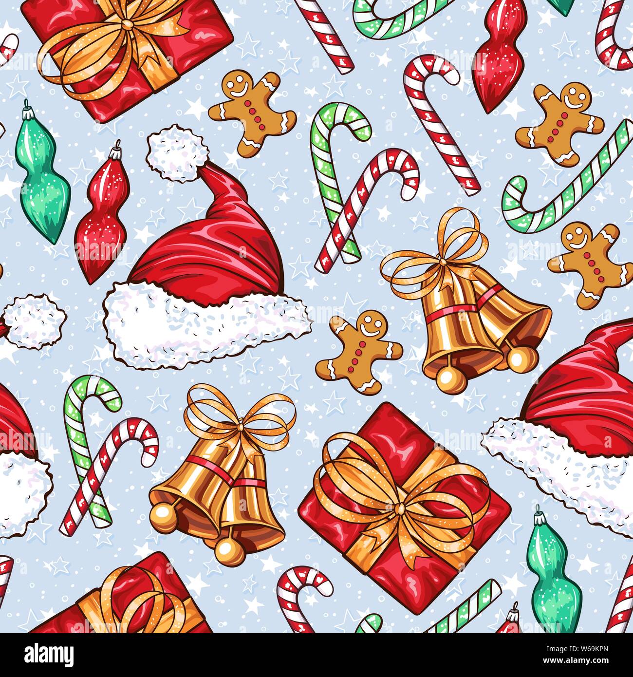Christmas decoration elements seamless pattern. Traditional colorful decorations. Gift box, socks, bells and xmas santa claus hat. Decorative patchwork textile, invitation card, wrapping paper fill Stock Vector