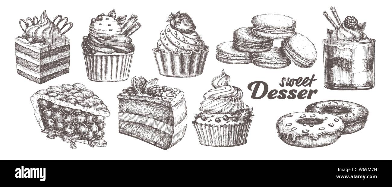 Assortment Baked Sweet Dessert Set Vintage Vector Stock Vector