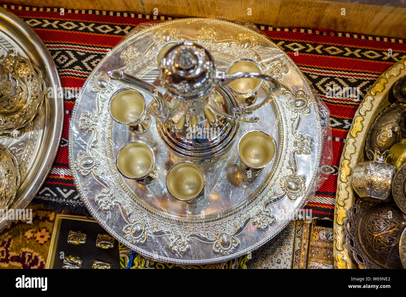 Omani Coffee (kahwa) cups and the jug on display in Muscat, Oman. Stock Photo