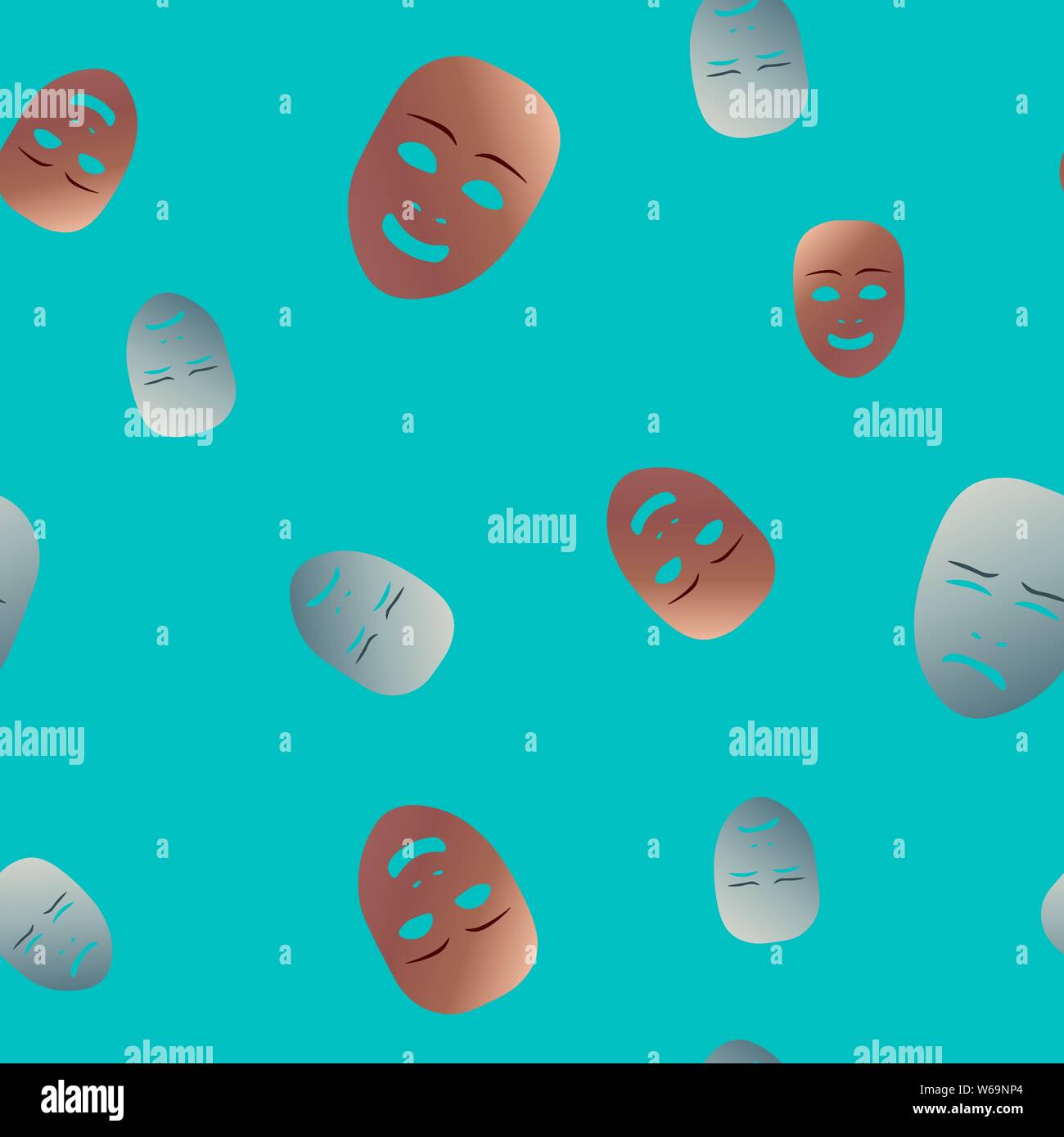 Seamless pattern theatrical mask with crying and happy emotion. Vector illustration. Bronze and silver masks with gradient on blue background. Stock Vector