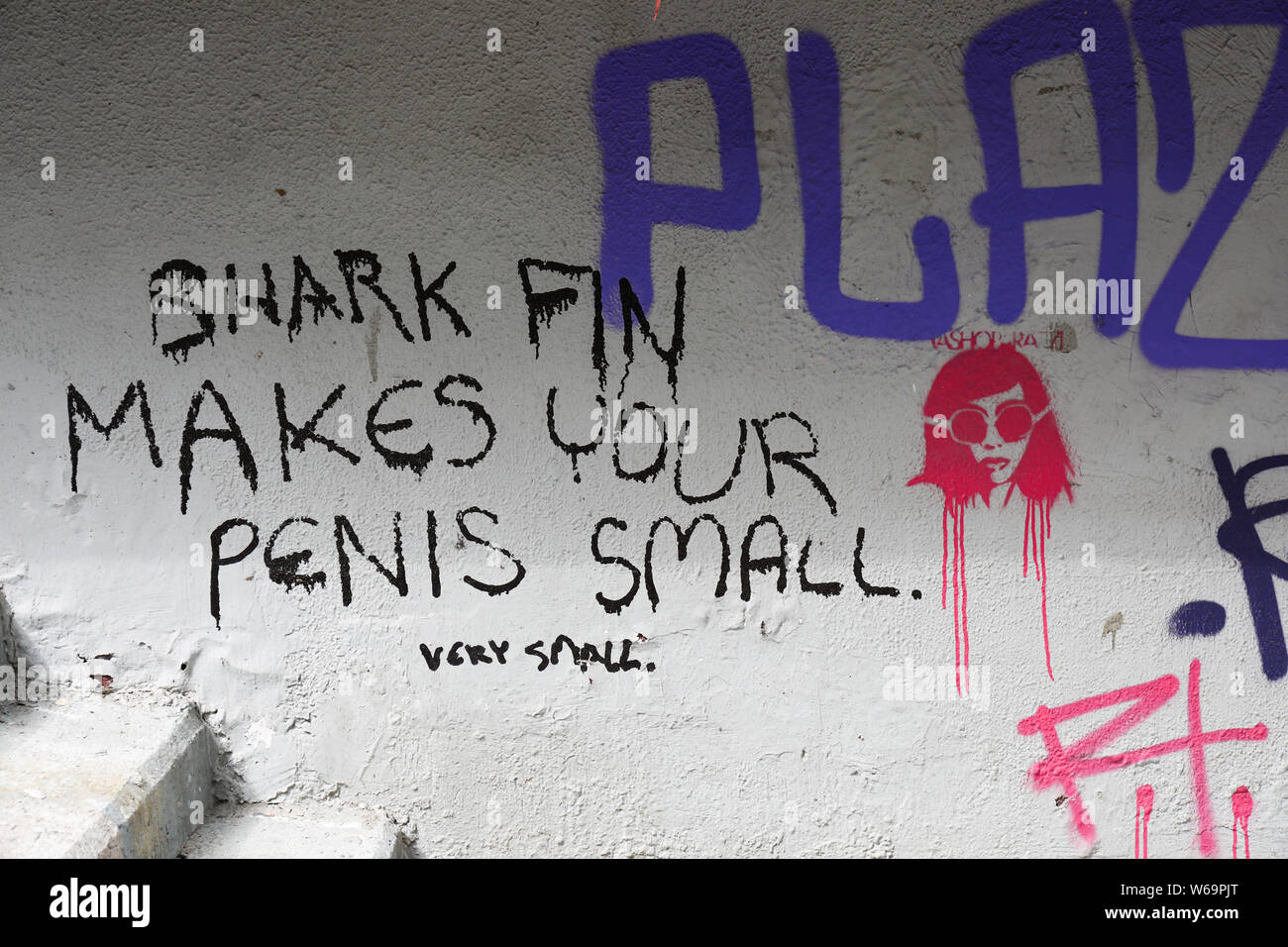 Anti shark fin soup writing on the wall in Sheung Wan , Hong Kong Stock Photo