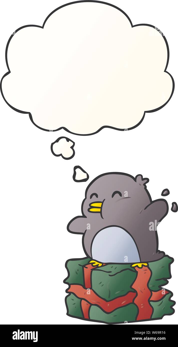 cartoon penguin on present with thought bubble in smooth gradient style Stock Vector