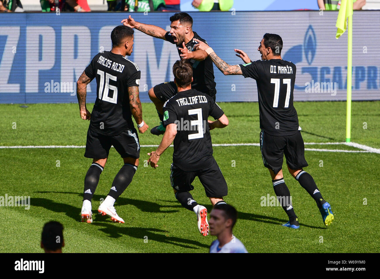 Sergio Aguero of Argentina, back center, celebrates with Marcos Rojo, Nicolas Tagliafico and Angel Di Maria after scoring a goal against Iceland in th Stock Photo