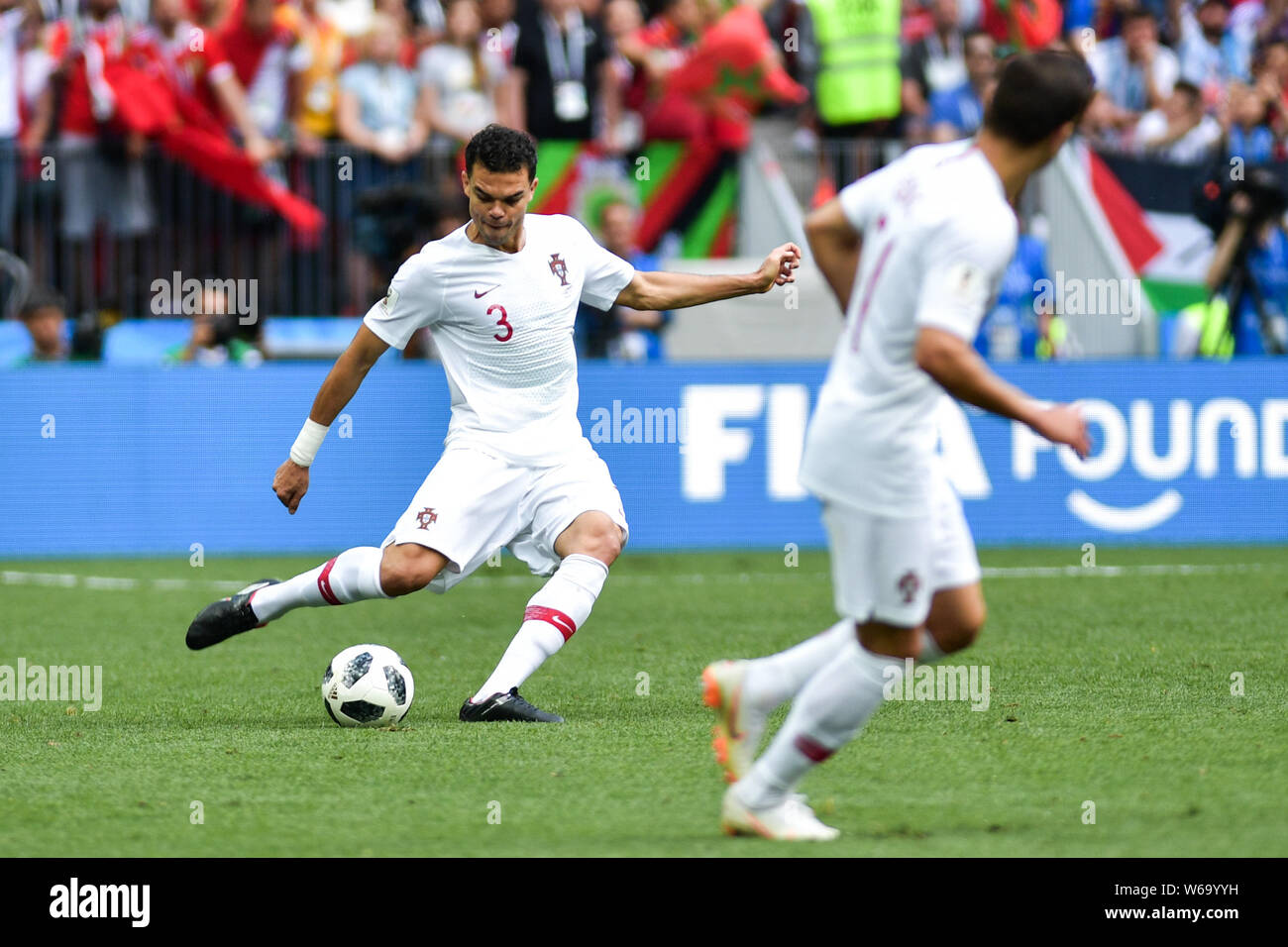 Pepe of Portugal kicks against Morocco in their Group B match during the 2018 FIFA World Cup in Moscow, Russia, 20 June 2018. Stock Photo