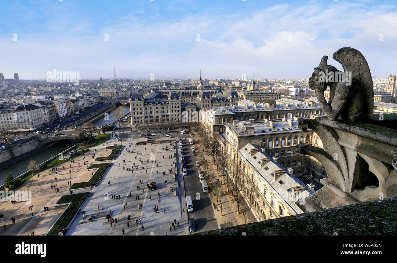 Famous gargoyle statue in Notre Dame Cathedral with city of Paris background. Stone chimera watch over Paris, France. Famous touristic places and popu Stock Photo