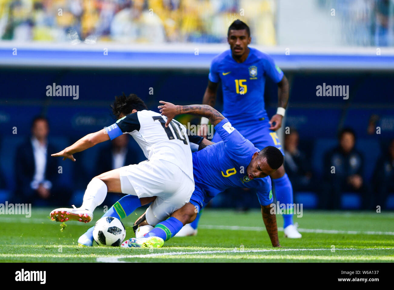 Bryan Ruiz, left, of Costa Rica challenges Gabriel Jesus of Brazil in their Group E match during the FIFA World Cup 2018 in Saint Petersburg, Russia, Stock Photo