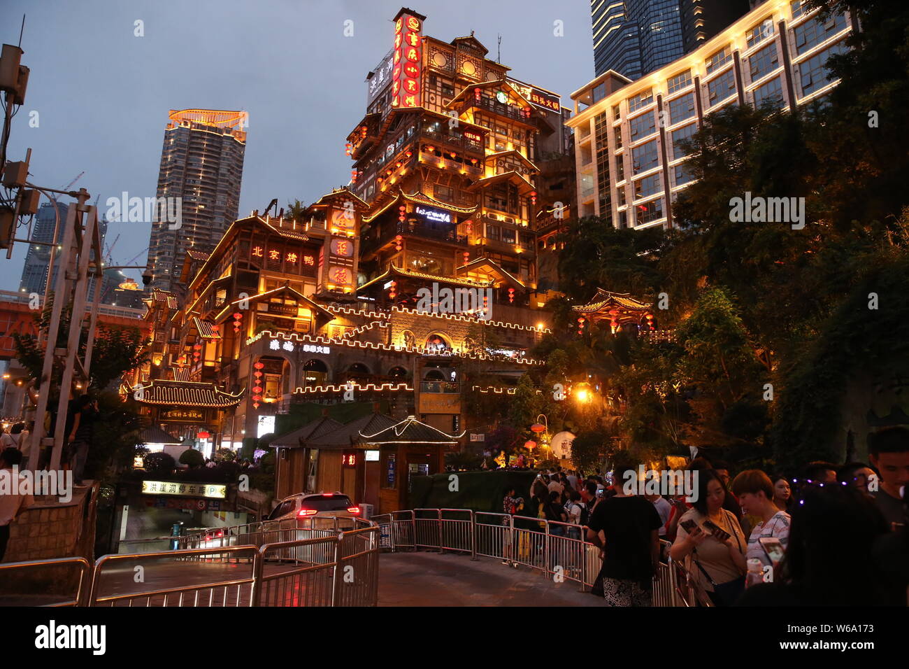 Night view of the illuminated Hongyadong settled house complex in