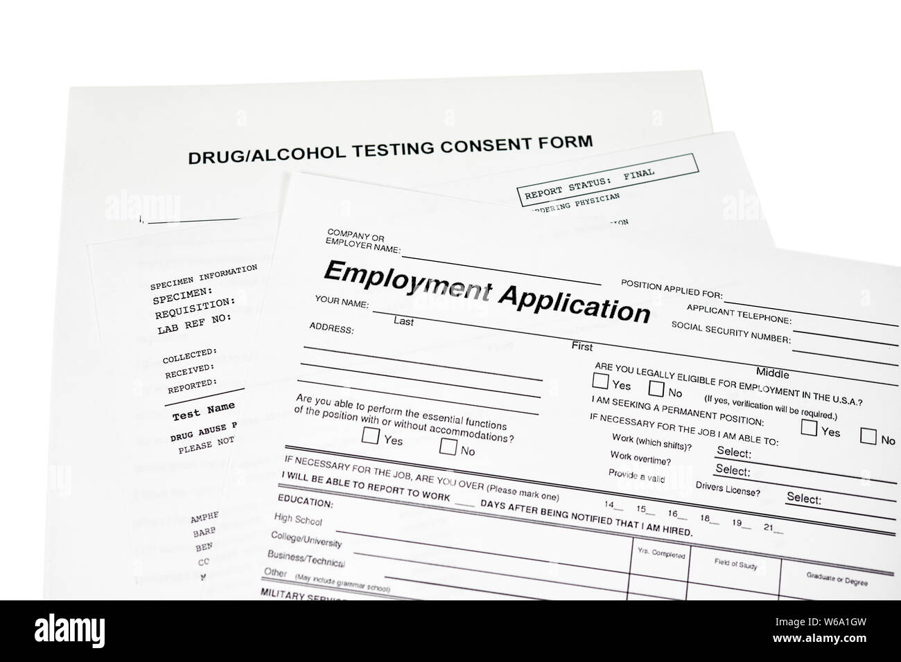 Employment application with a drug, alcohol test consent form isolated