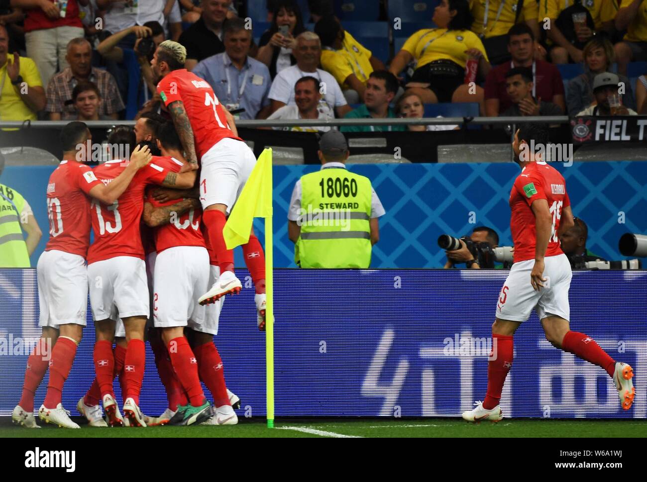Players of Switzerland celebrate after Steven Zuber scored a goal against Brazil in their Group E match during the 2018 FIFA World Cup in Rostov, Russ Stock Photo