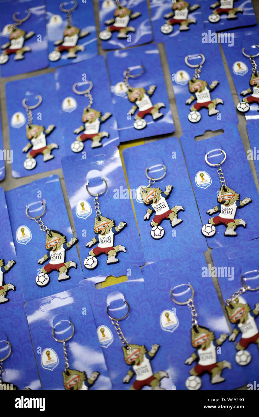 View of key rings infringing the copyright of 2018 RUSSIA World Cup seized by Shanghai Customs at the Shanghai Pudong International Airport in Shangha Stock Photo