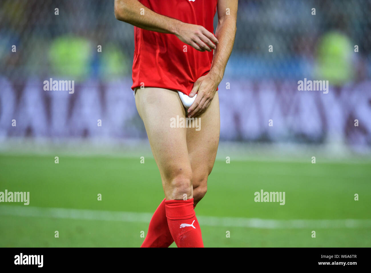 Antonio Rukavina of Serbia who lost his shorts walks towards the sideline after their Group E match against Brazil during the FIFA World Cup 2018 in M Stock Photo