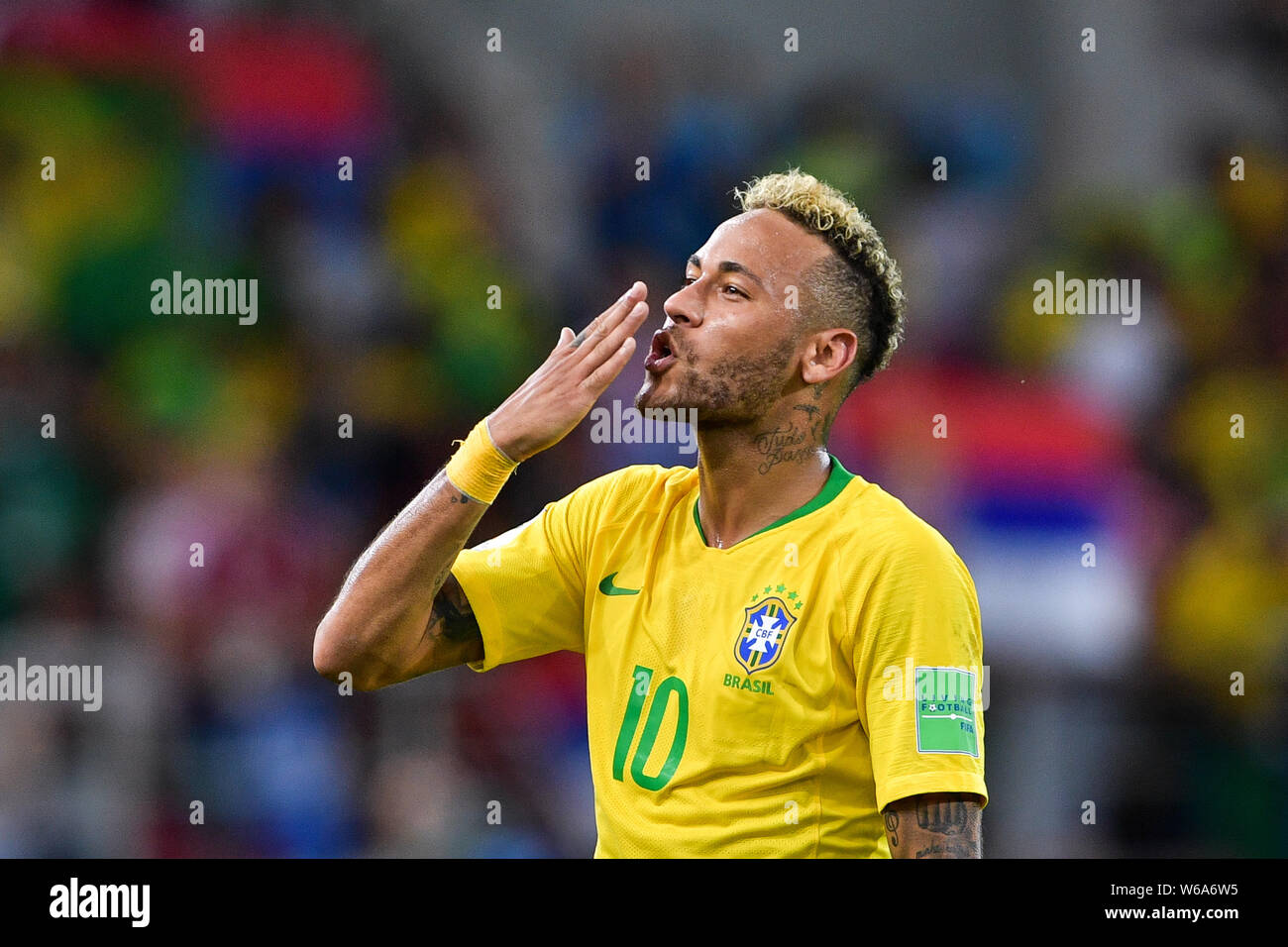 Neymar of Brazil flies a kiss after his team defeated Serbia in their Group E match during the FIFA World Cup 2018 in Moscow, Russia, 27 June 2018. Stock Photo