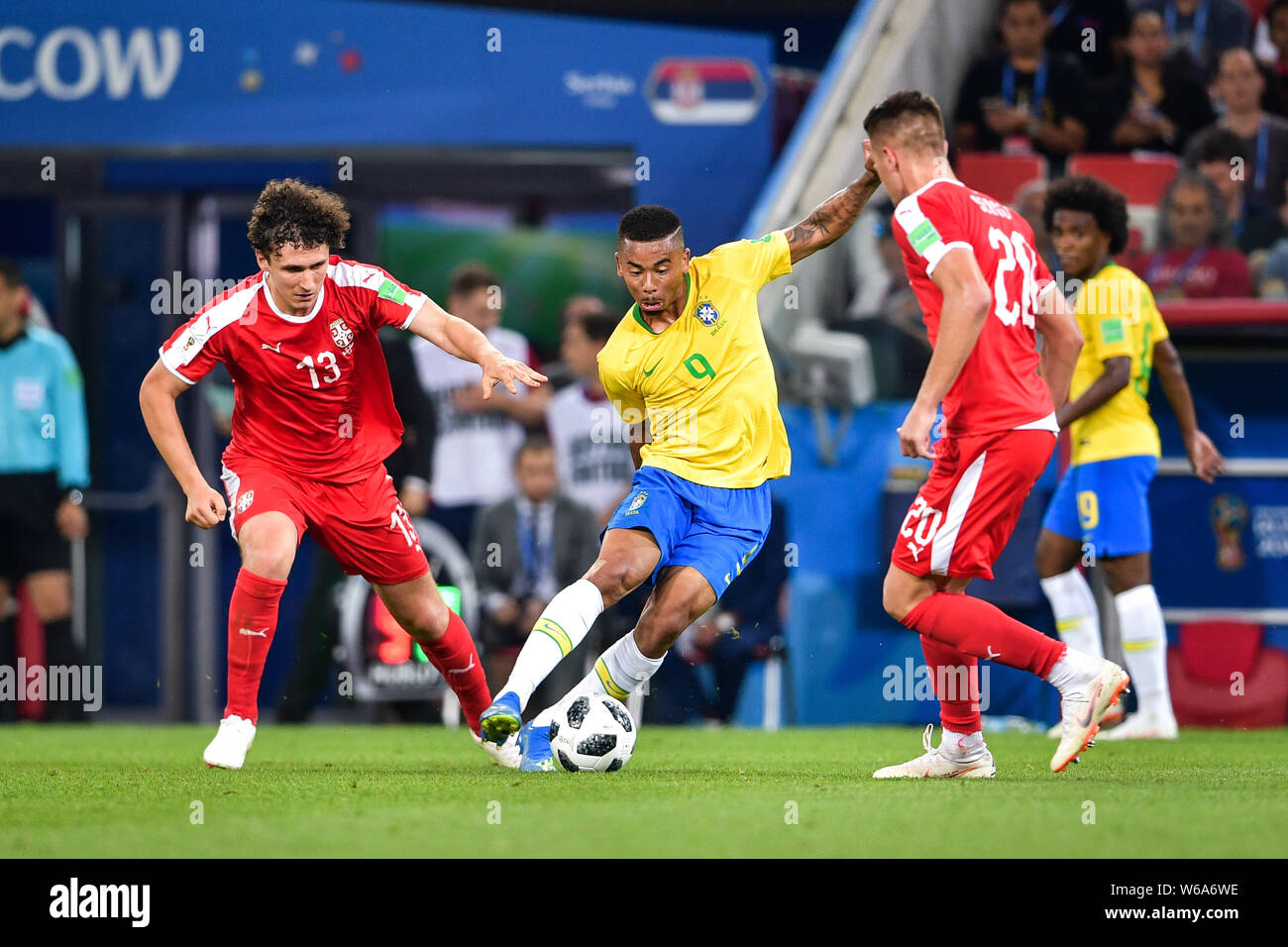 Gabriel Jesus of Brazil, center, challenges Milos Veljkovic, left, and Sergej Milinkovic-Savic of Serbia in their Group E match during the FIFA World Stock Photo