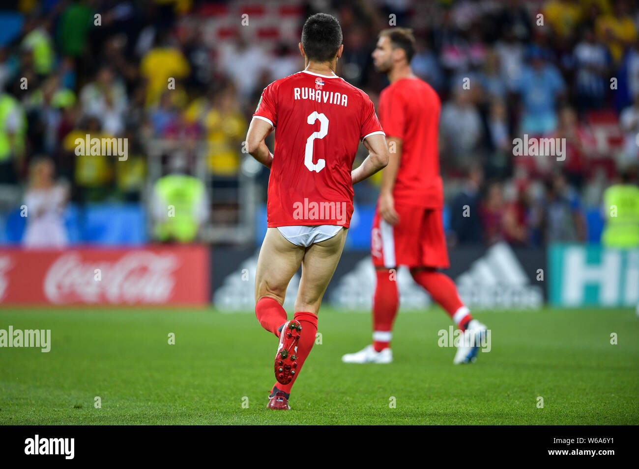 Antonio Rukavina of Serbia who lost his shorts jogs towards the sideline after their Group E match against Brazil during the FIFA World Cup 2018 in Mo Stock Photo