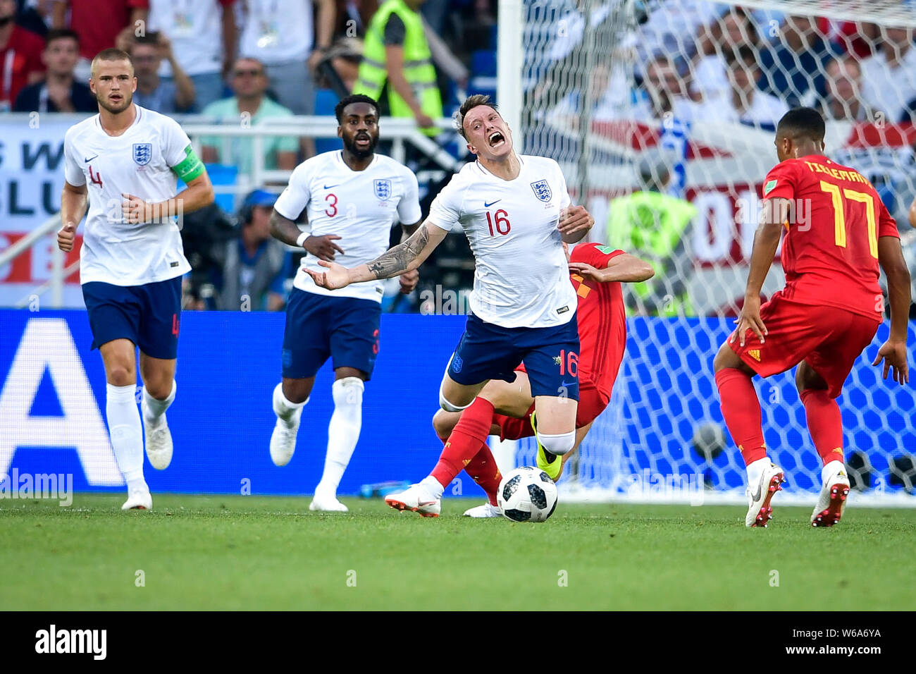 A player of Belgium challenges Phil Jones of England in their Group G match during the 2018 FIFA World Cup in Kaliningrad, Russia, 28 June 2018.   It Stock Photo