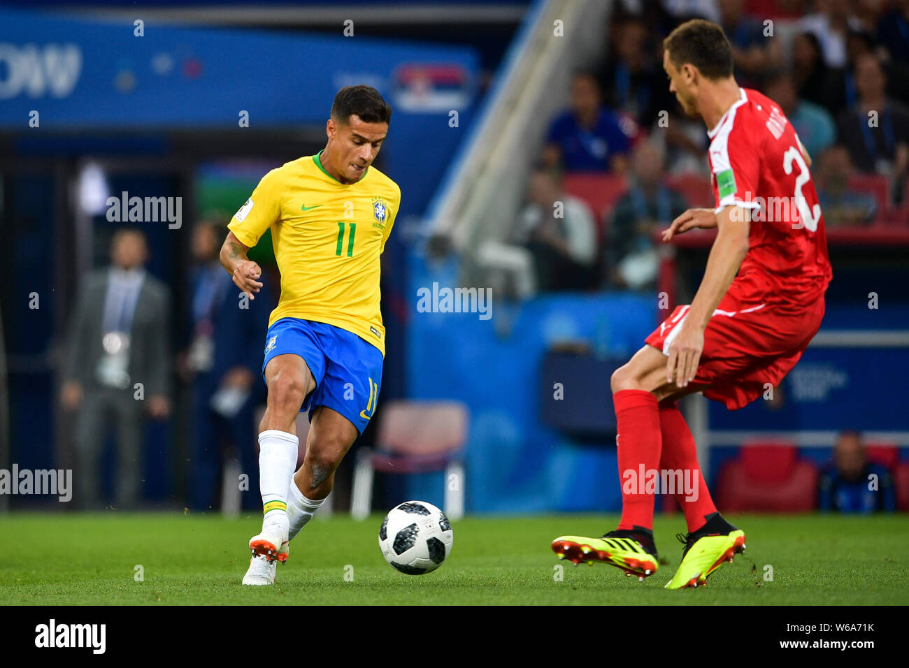 Philippe Coutinho of Brazil, left, challenges Nemanja Matic of Serbia in their Group E match during the FIFA World Cup 2018 in Moscow, Russia, 27 June Stock Photo