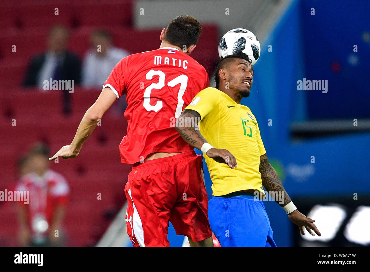 Nemanja Matic of Serbia, left, challenges Neymar of Brazil in their Group E match during the FIFA World Cup 2018 in Moscow, Russia, 27 June 2018. Stock Photo