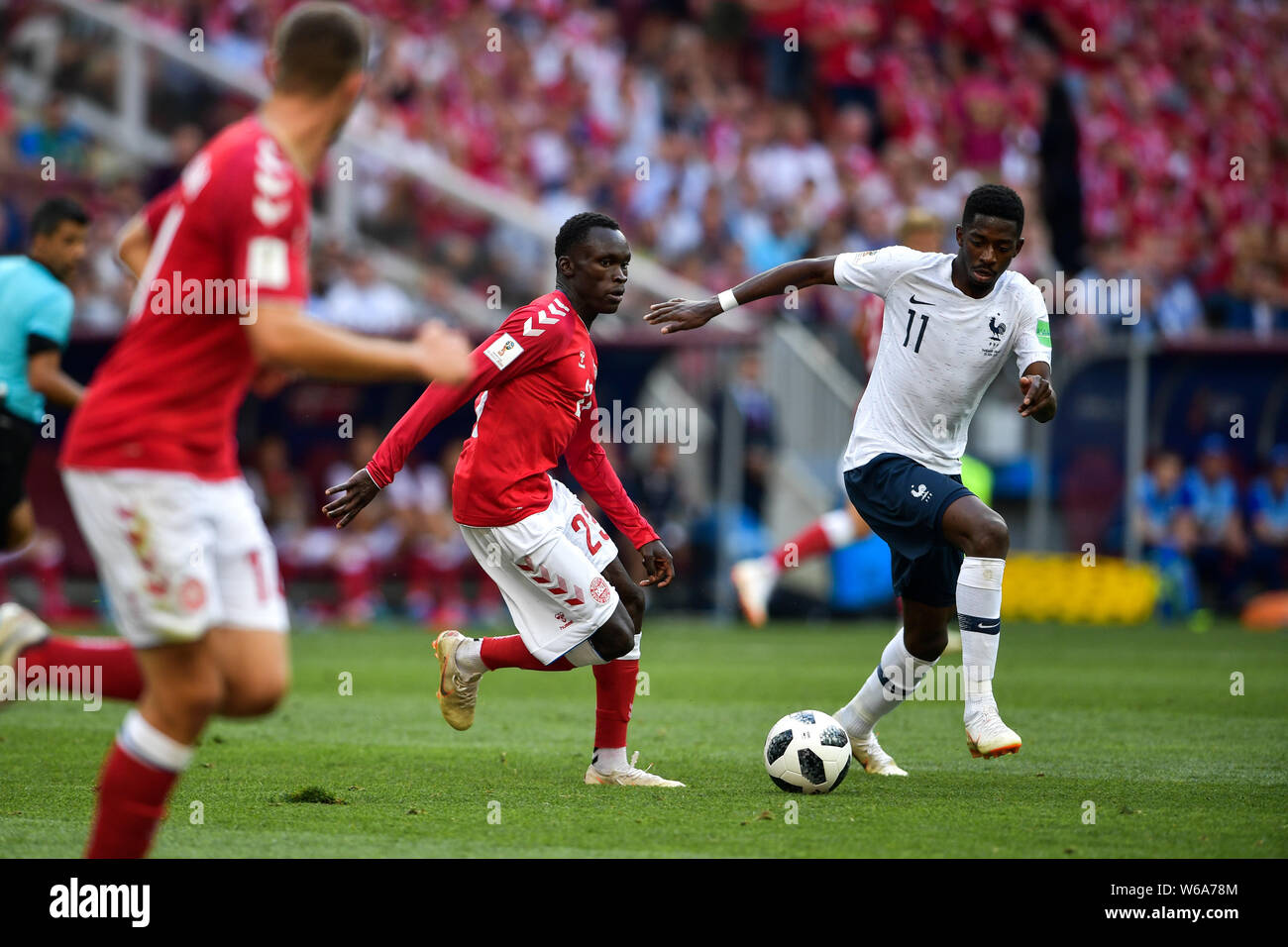 Ousmane Dembele of France, right, challenges Pione Sisto of Denmark in their Group C match during the 2018 FIFA World Cup in Moscow, Russia, 26 June 2 Stock Photo