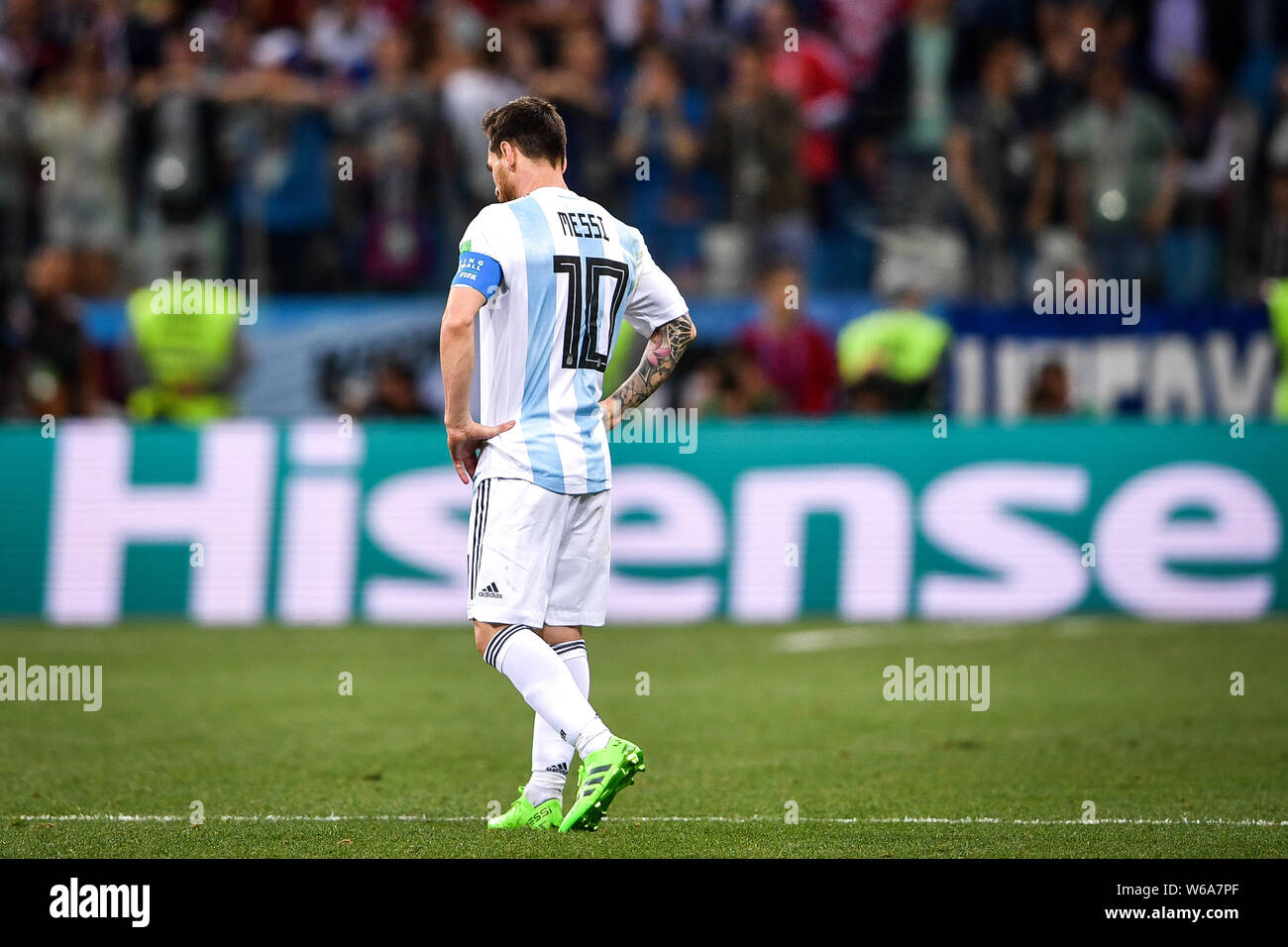 Lionel Messi of Argentina reacts after Luka Modric of Croatia scored a goal in their Group D match during the 2018 FIFA World Cup in Nizhny Novgorod, Stock Photo