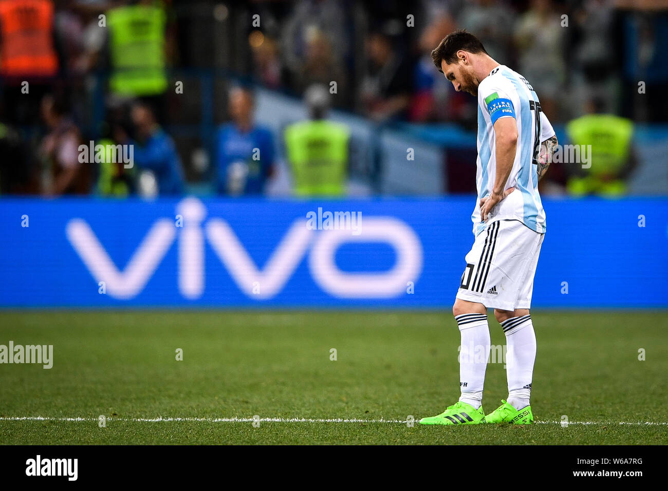 Lionel Messi of Argentina reacts after Luka Modric of Croatia scored a goal in their Group D match during the 2018 FIFA World Cup in Nizhny Novgorod, Stock Photo