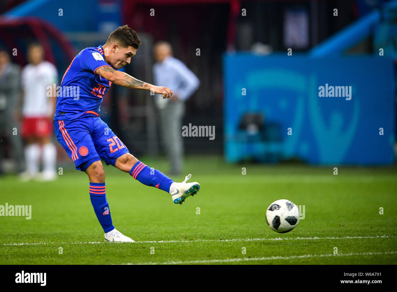 Juan Fernando Quintero of Colombia shoots against Poland in their Group H match during the FIFA World Cup 2018 in Kazan, Russia, 24 June 2018. Stock Photo