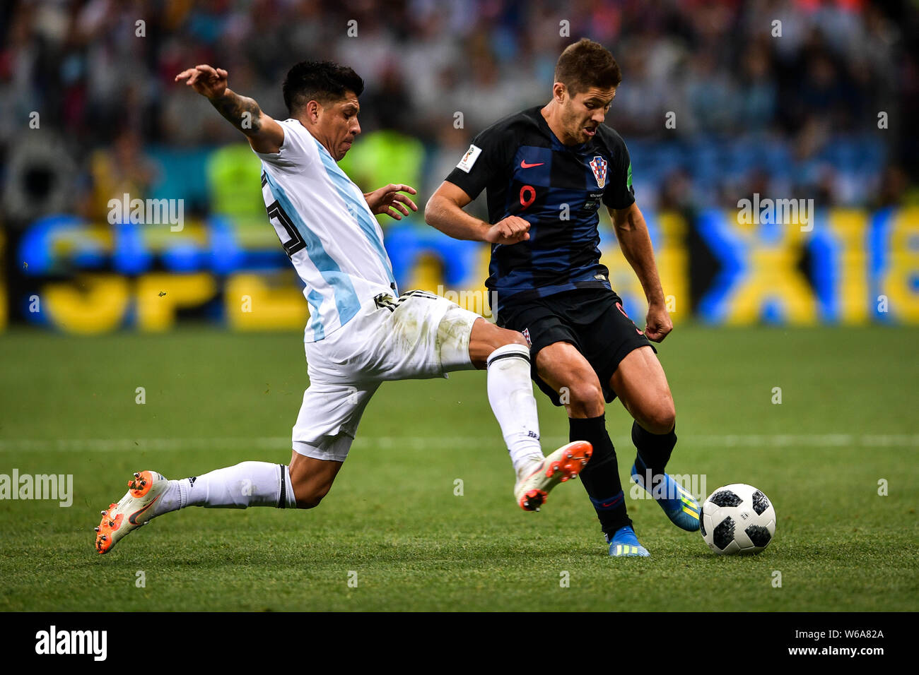 Marcos Rojo of Argentina, right, challenges Andrej Kramaric of Croatia in their Group D match during the 2018 FIFA World Cup in Nizhny Novgorod, Russi Stock Photo