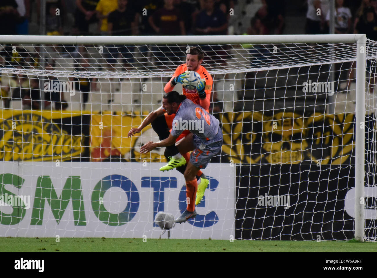 Athens, Greece. 31st July, 2019. Rough foul of Crivelli Enzo (no 27) of  Basaksehir to the goalkeeper Barkas Vassilis (no 1) of AEK. Credit:  Dimitrios Karvountzis/Pacific Press/Alamy Live News Stock Photo - Alamy