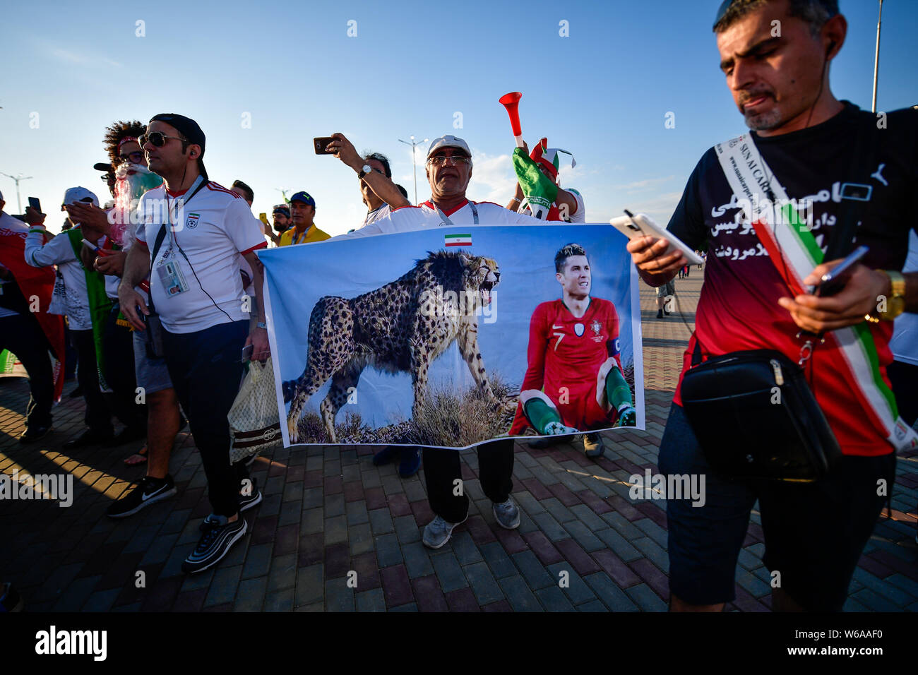 Iranian fans gather outside the Mordovia Arena Stadium before the group B match between Portugal and Iran during the FIFA World Cup 2018 in Saransk, R Stock Photo