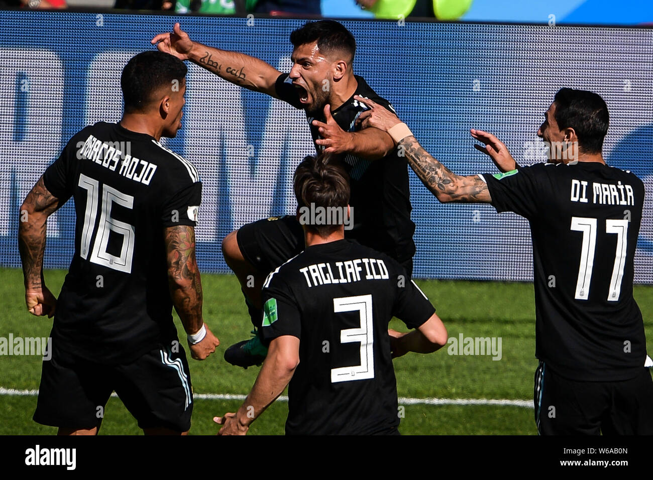 Sergio Aguero, back center, of Argentina celebrates with teammates after scoring a goal against Iceland in their Group D match during the FIFA World C Stock Photo