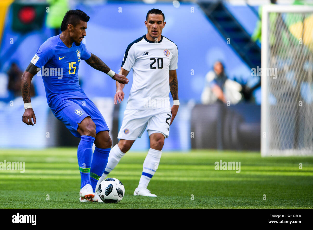 Paulinho, left, of Brazil dribbles against David Guzman of Costa Rica in their Group E match during the FIFA World Cup 2018 in Saint Petersburg, Russi Stock Photo