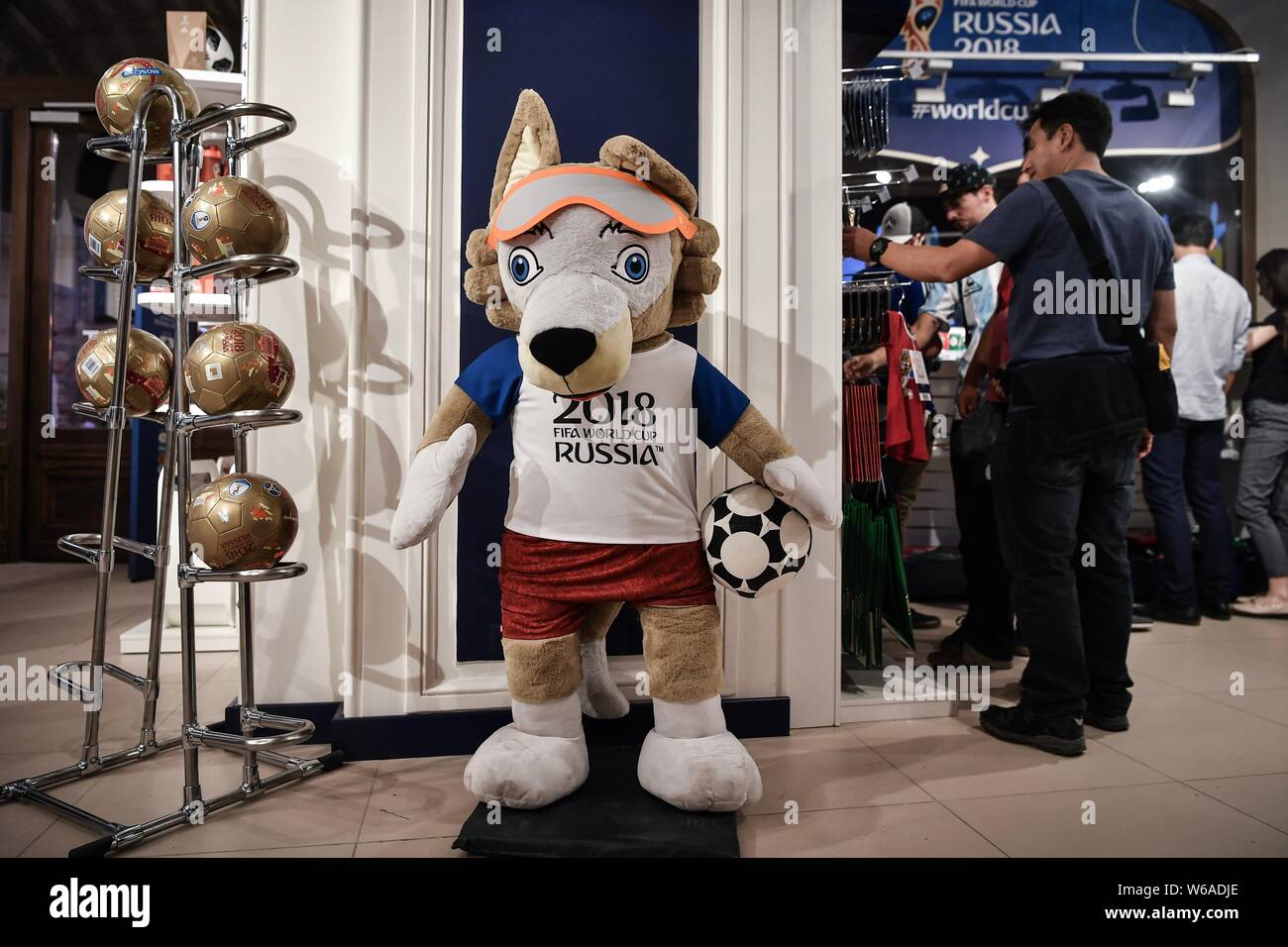 A large dool of Zabivaka, the mascot of the 2018 FIFA World Cup, is on display at a shop in Moscow, Russia, 18 June 2018.   Zabivaka, whose name means Stock Photo
