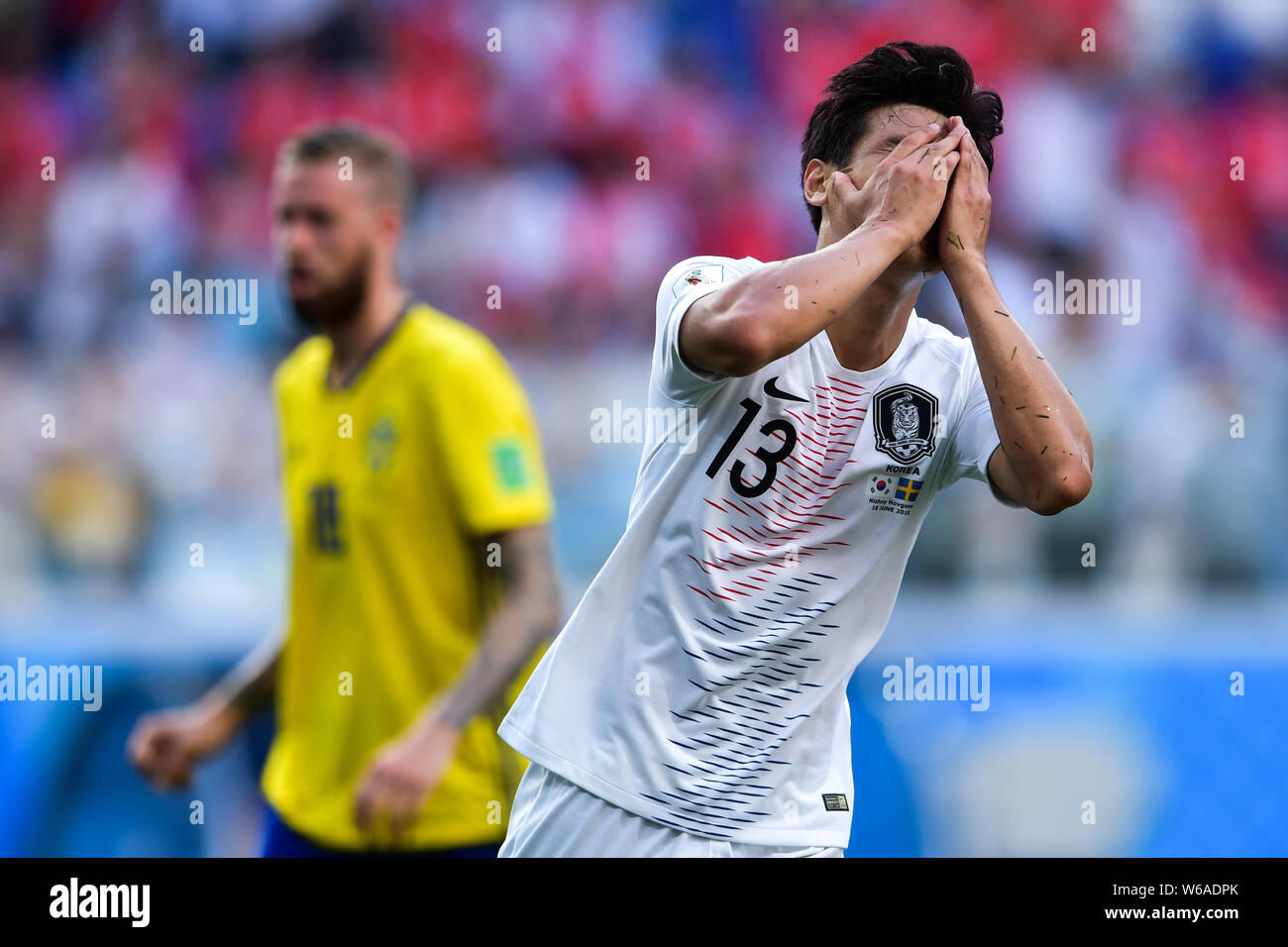Koo Ja-cheol of South Korea reacts after missing a shot against Sweden in their Group F match during the FIFA World Cup 2018 in Nizhny Novgorod, Russi Stock Photo