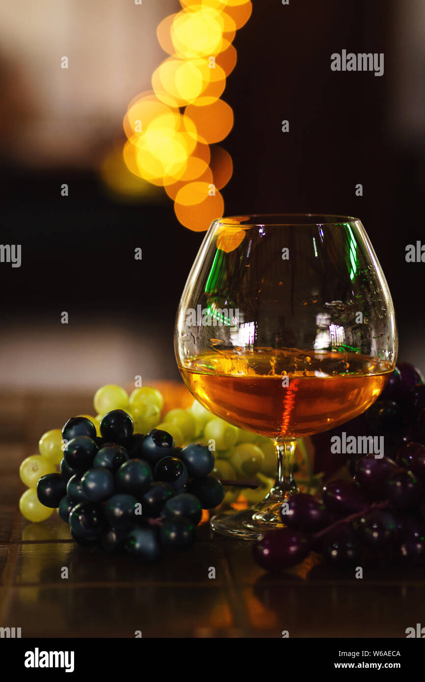 French grape brandy, strong alcoholic drink. Still life. Glass of