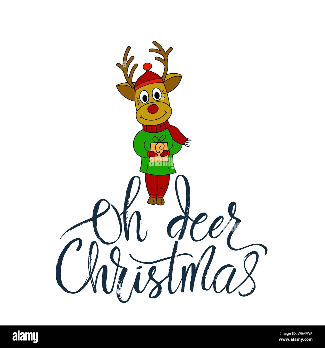 Oh deer its Christmas. Vector Christmas card with hand lettering and