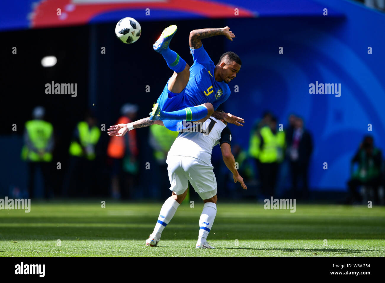 David Guzman, below, of Costa Rica challenges Gabriel Jesus of Brazil in their Group E match during the FIFA World Cup 2018 in Saint Petersburg, Russi Stock Photo