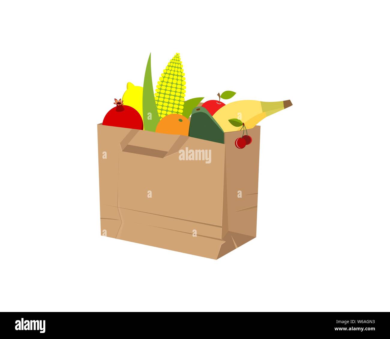 A paper bag filled with various fruits. White isolated background